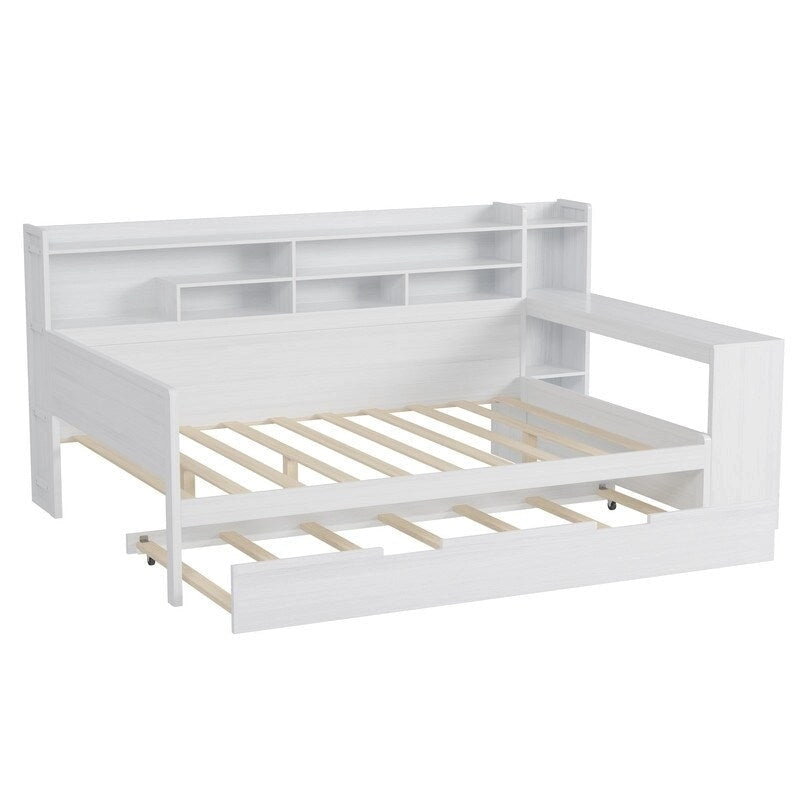 Twin/Full Size Multifunctional Daybed with Storage Shelves and Desk, Wooden Platform Bed Frame with Twin Size Trundle 18
