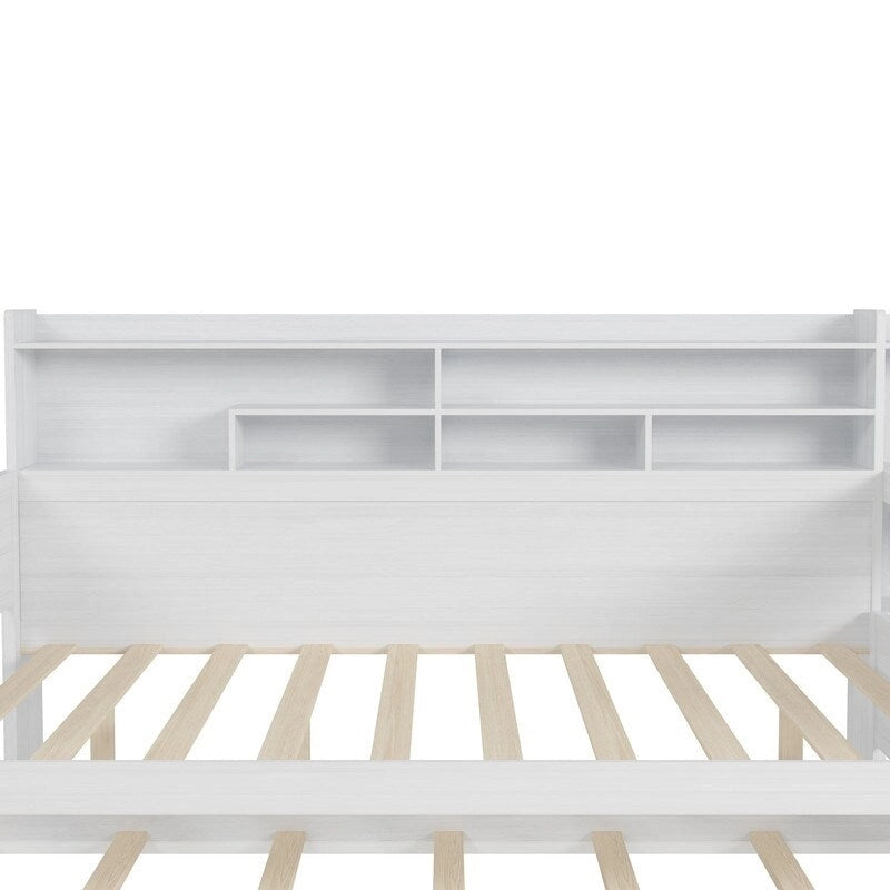 Twin/Full Size Multifunctional Daybed with Storage Shelves and Desk, Wooden Platform Bed Frame with Twin Size Trundle 20