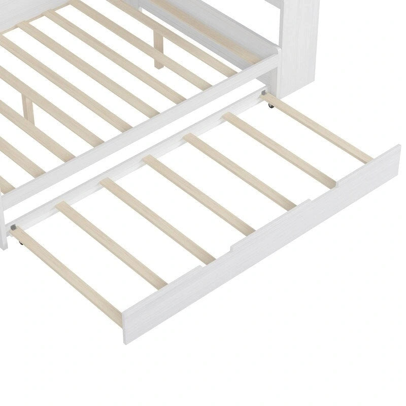 Twin/Full Size Multifunctional Daybed with Storage Shelves and Desk, Wooden Platform Bed Frame with Twin Size Trundle 21