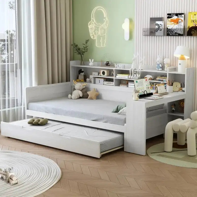 Twin/Full Size Multifunctional Daybed with Storage Shelves and Desk, Wooden Platform Bed Frame with Twin Size Trundle 24