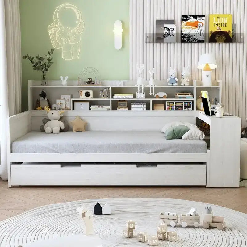 Twin/Full Size Multifunctional Daybed with Storage Shelves and Desk, Wooden Platform Bed Frame with Twin Size Trundle 25