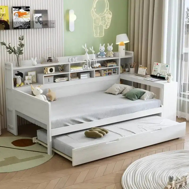 Twin/Full Size Multifunctional Daybed with Storage Shelves and Desk, Wooden Platform Bed Frame with Twin Size Trundle 26