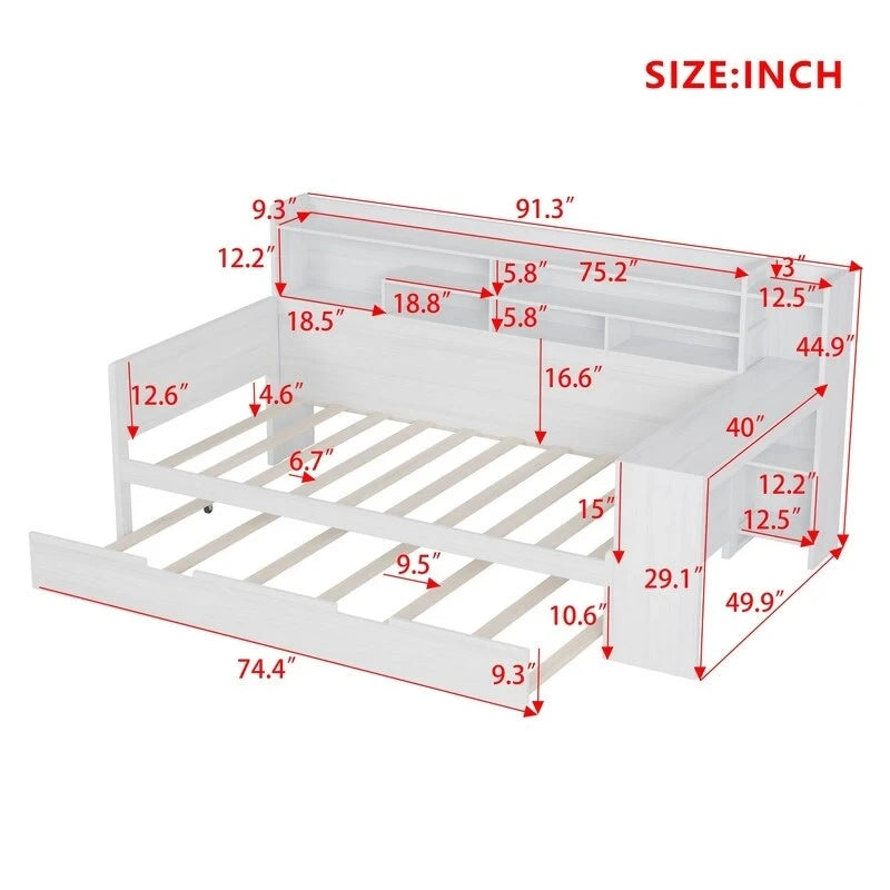 Twin/Full Size Multifunctional Daybed with Storage Shelves and Desk, Wooden Platform Bed Frame with Twin Size Trundle 27