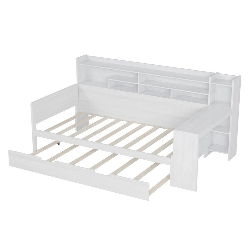 Twin/Full Size Multifunctional Daybed with Storage Shelves and Desk, Wooden Platform Bed Frame with Twin Size Trundle 28