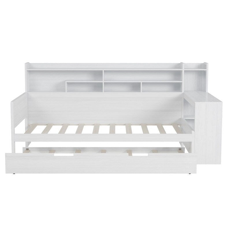 Twin/Full Size Multifunctional Daybed with Storage Shelves and Desk, Wooden Platform Bed Frame with Twin Size Trundle 29