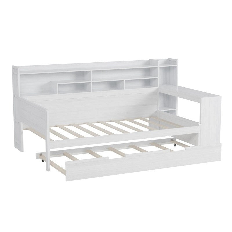 Twin/Full Size Multifunctional Daybed with Storage Shelves and Desk, Wooden Platform Bed Frame with Twin Size Trundle 30
