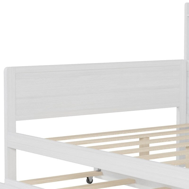 Twin/Full Size Multifunctional Daybed with Storage Shelves and Desk, Wooden Platform Bed Frame with Twin Size Trundle 31