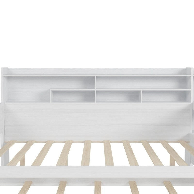 Twin/Full Size Multifunctional Daybed with Storage Shelves and Desk, Wooden Platform Bed Frame with Twin Size Trundle 32