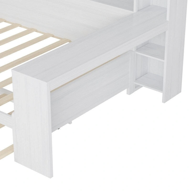 Twin/Full Size Multifunctional Daybed with Storage Shelves and Desk, Wooden Platform Bed Frame with Twin Size Trundle 34