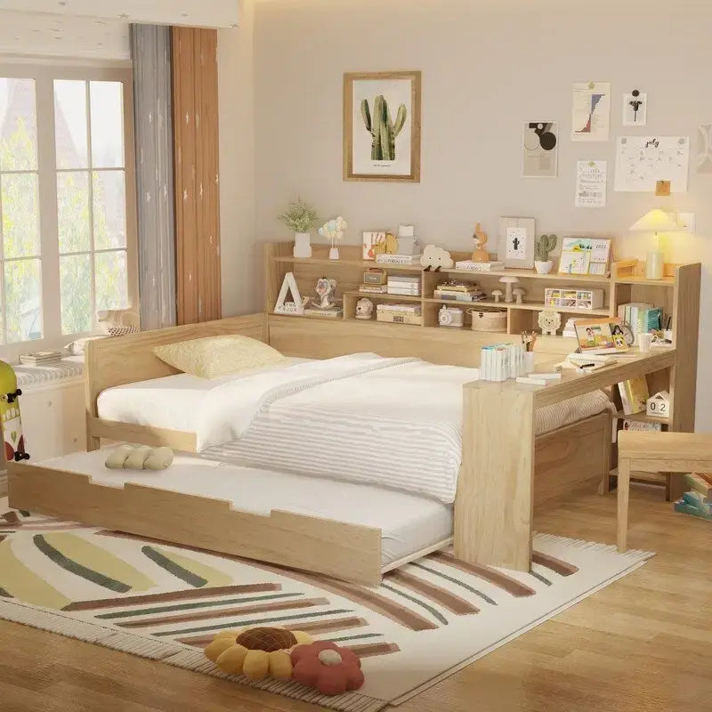 Twin/Full Size Multifunctional Daybed with Storage Shelves and Desk, Wooden Platform Bed Frame with Twin Size Trundle 35