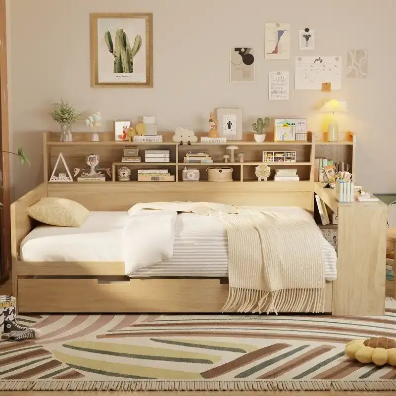 Twin/Full Size Multifunctional Daybed with Storage Shelves and Desk, Wooden Platform Bed Frame with Twin Size Trundle 36