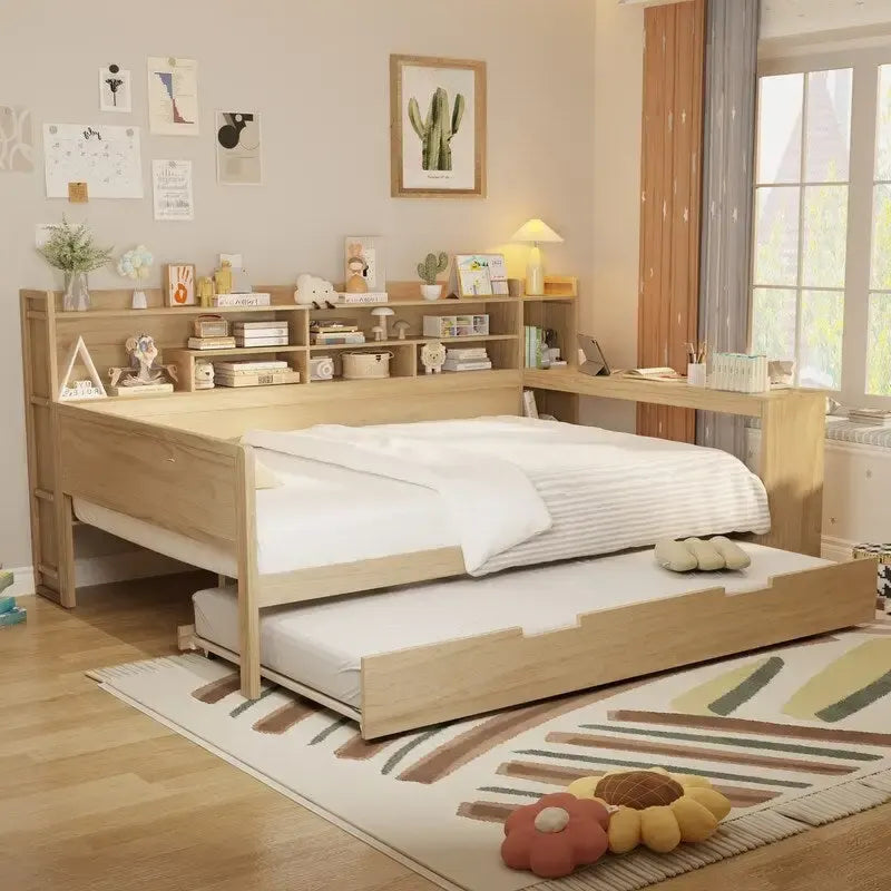 Twin/Full Size Multifunctional Daybed with Storage Shelves and Desk, Wooden Platform Bed Frame with Twin Size Trundle 37