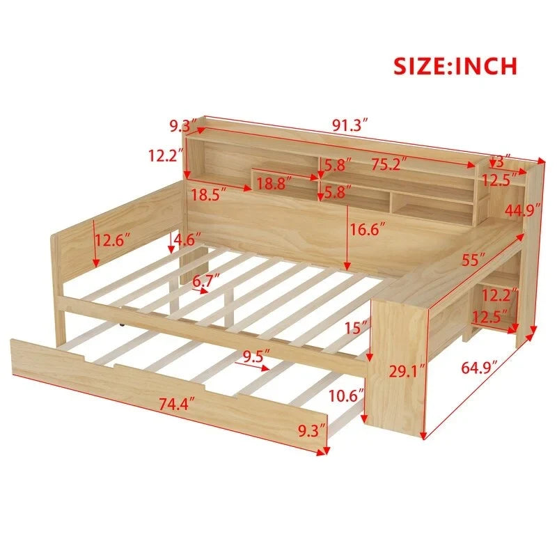 Twin/Full Size Multifunctional Daybed with Storage Shelves and Desk, Wooden Platform Bed Frame with Twin Size Trundle 38