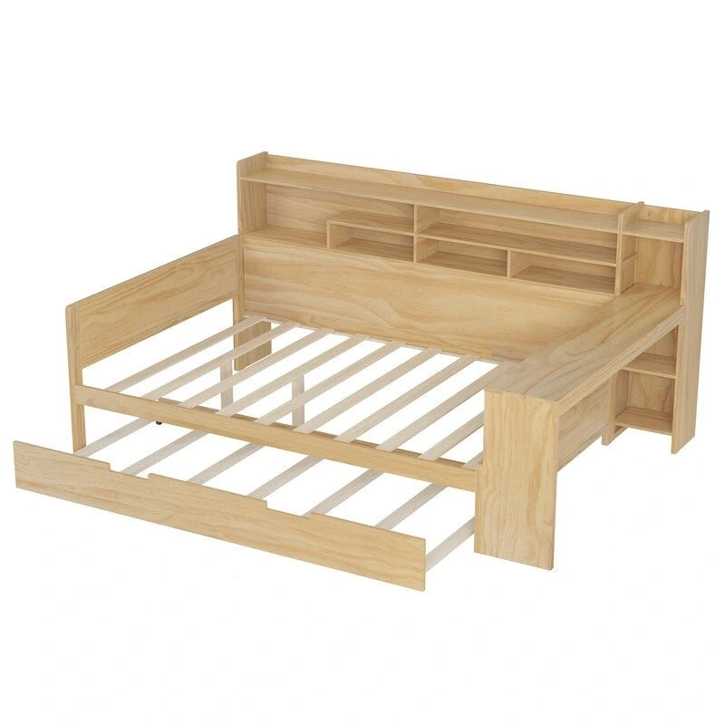 Twin/Full Size Multifunctional Daybed with Storage Shelves and Desk, Wooden Platform Bed Frame with Twin Size Trundle 39