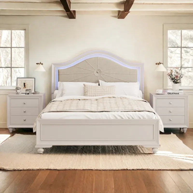 Modern Queen Size Wood Bed with Hidden LED Light Upholstered Curved Headboard, No Box Spring Needed, Cream Grey 13
