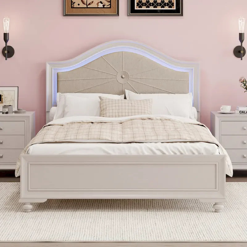 Modern Queen Size Wood Bed with Hidden LED Light Upholstered Curved Headboard, No Box Spring Needed, Cream Grey 3