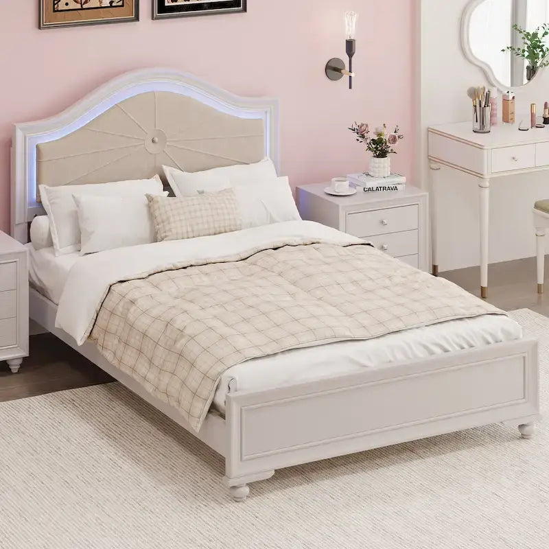 Modern Queen Size Wood Bed with Hidden LED Light Upholstered Curved Headboard, No Box Spring Needed, Cream Grey 4