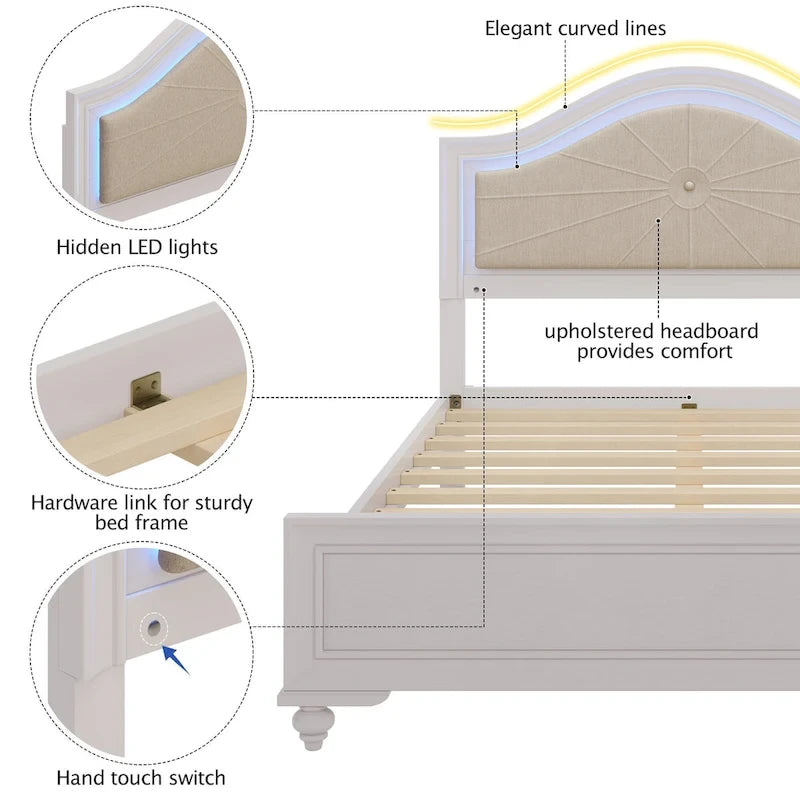 Modern Queen Size Wood Bed with Hidden LED Light Upholstered Curved Headboard, No Box Spring Needed, Cream Grey 5