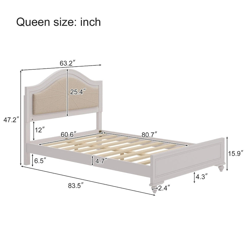 Modern Queen Size Wood Bed with Hidden LED Light Upholstered Curved Headboard, No Box Spring Needed, Cream Grey 6