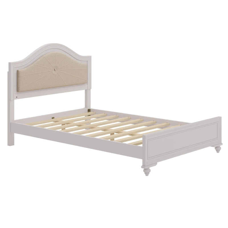 Modern Queen Size Wood Bed with Hidden LED Light Upholstered Curved Headboard, No Box Spring Needed, Cream Grey 7