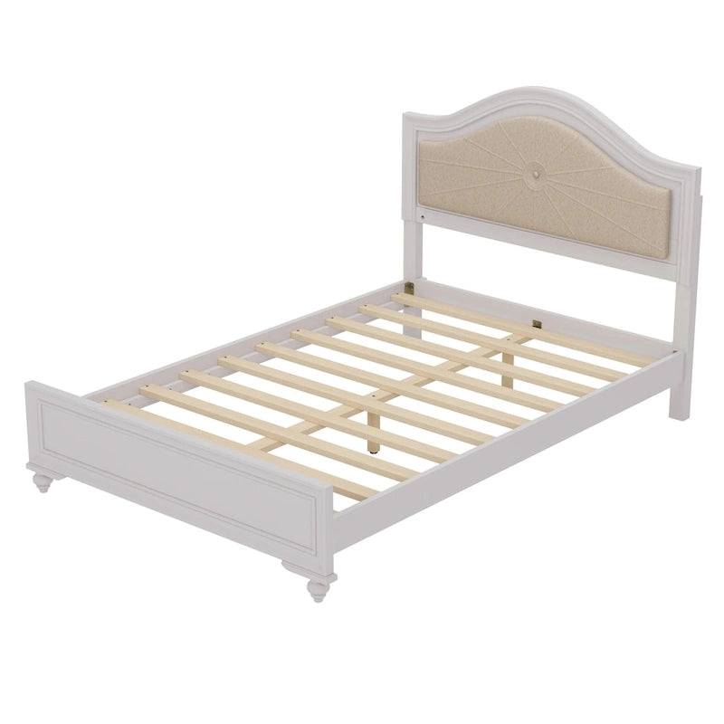 Modern Queen Size Wood Bed with Hidden LED Light Upholstered Curved Headboard, No Box Spring Needed, Cream Grey 8