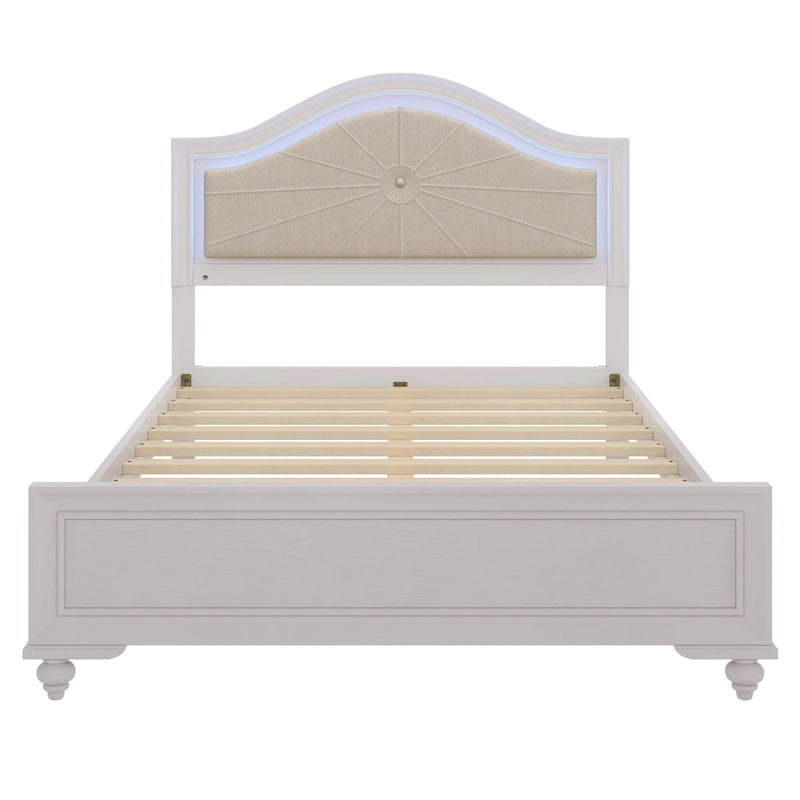 Modern Queen Size Wood Bed with Hidden LED Light Upholstered Curved Headboard, No Box Spring Needed, Cream Grey 9