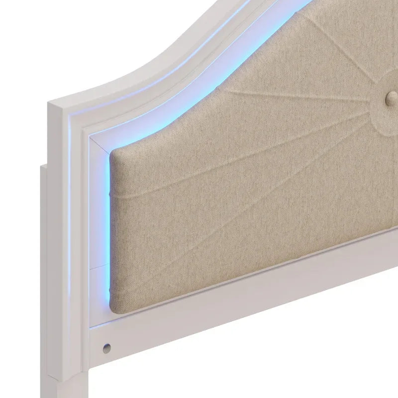 Modern Queen Size Wood Bed with Hidden LED Light Upholstered Curved Headboard, No Box Spring Needed, Cream Grey 11
