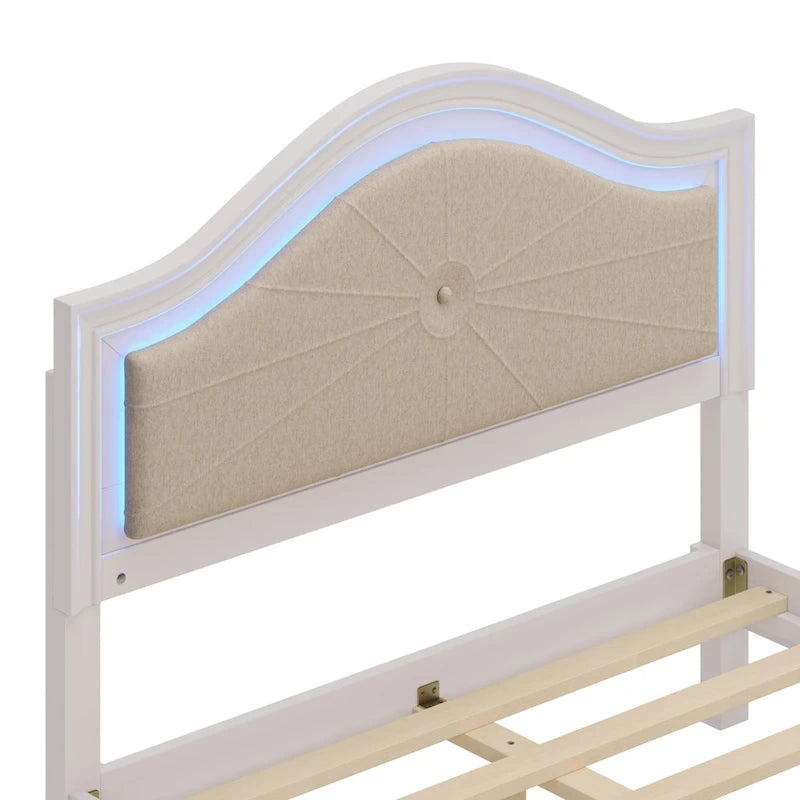 Modern Queen Size Wood Bed with Hidden LED Light Upholstered Curved Headboard, No Box Spring Needed, Cream Grey 12