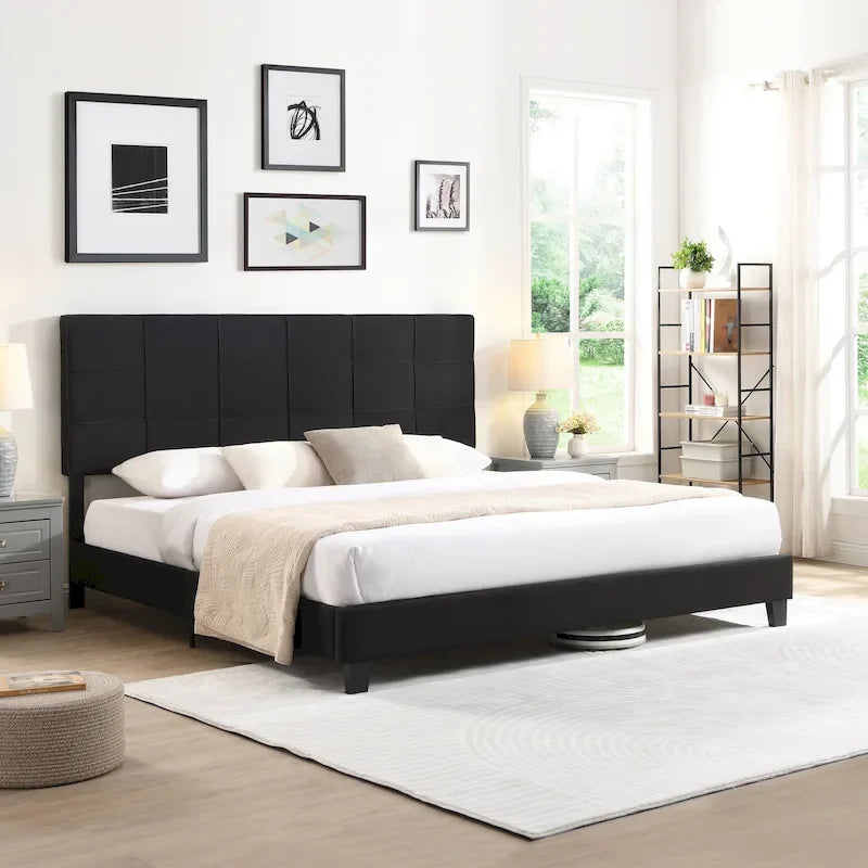 Black Linen King Size Upholstered Platform Bed Frame with Button Tufted Headboard, Wood Slat Support, No Box Spring Needed 16