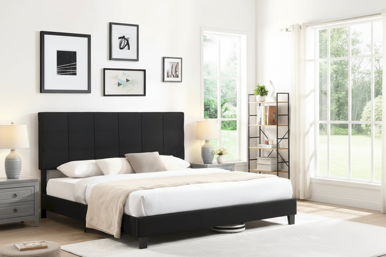 Black Linen King Size Upholstered Platform Bed Frame with Button Tufted Headboard, Wood Slat Support, No Box Spring Needed