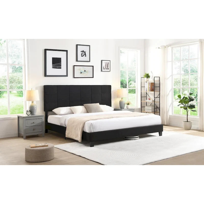 Black Linen King Size Upholstered Platform Bed Frame with Button Tufted Headboard, Wood Slat Support, No Box Spring Needed 3