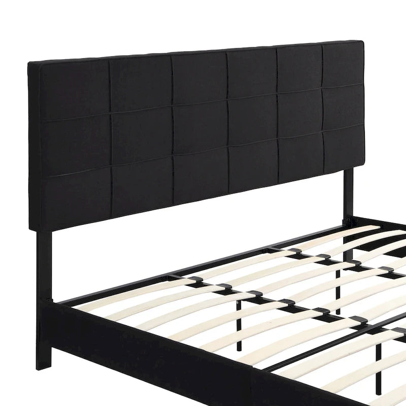 Black Linen King Size Upholstered Platform Bed Frame with Button Tufted Headboard, Wood Slat Support, No Box Spring Needed 5
