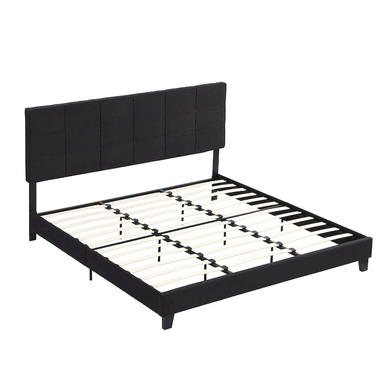 Black Linen King Size Upholstered Platform Bed Frame with Button Tufted Headboard, Wood Slat Support, No Box Spring Needed 6