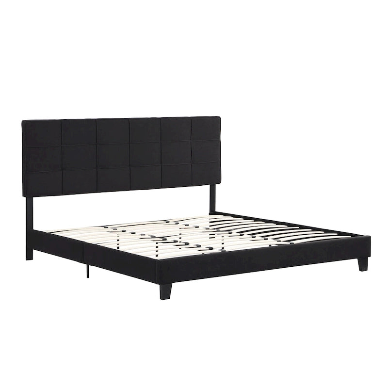 Black Linen King Size Upholstered Platform Bed Frame with Button Tufted Headboard, Wood Slat Support, No Box Spring Needed 7