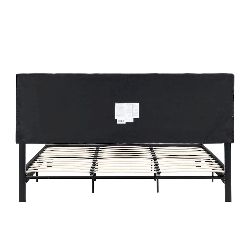 Black Linen King Size Upholstered Platform Bed Frame with Button Tufted Headboard, Wood Slat Support, No Box Spring Needed 9