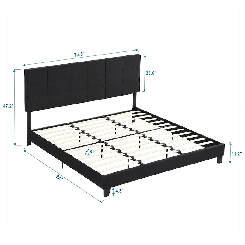 Black Linen King Size Upholstered Platform Bed Frame with Button Tufted Headboard, Wood Slat Support, No Box Spring Needed 15
