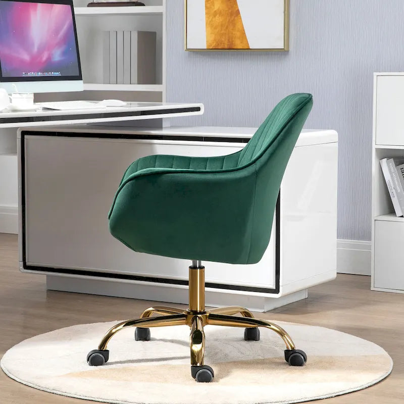 Green Velvet Swivel Chair With High Back, Adjustable Working Chair With Gold Base 3