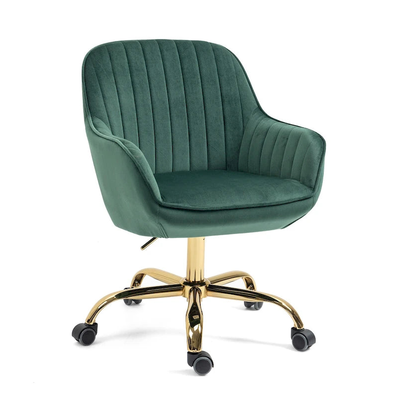 Green Velvet Swivel Chair With High Back, Adjustable Working Chair With Gold Base 4