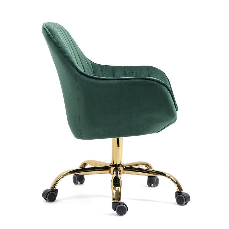 Green Velvet Swivel Chair With High Back, Adjustable Working Chair With Gold Base 5