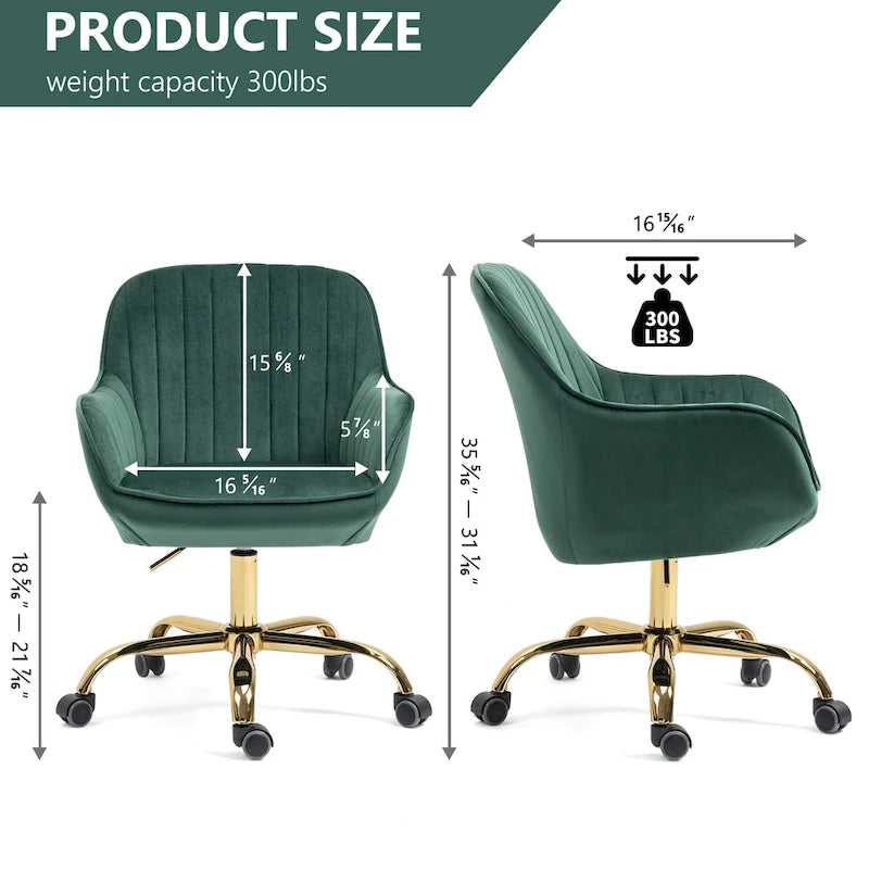 Green Velvet Swivel Chair With High Back, Adjustable Working Chair With Gold Base 6