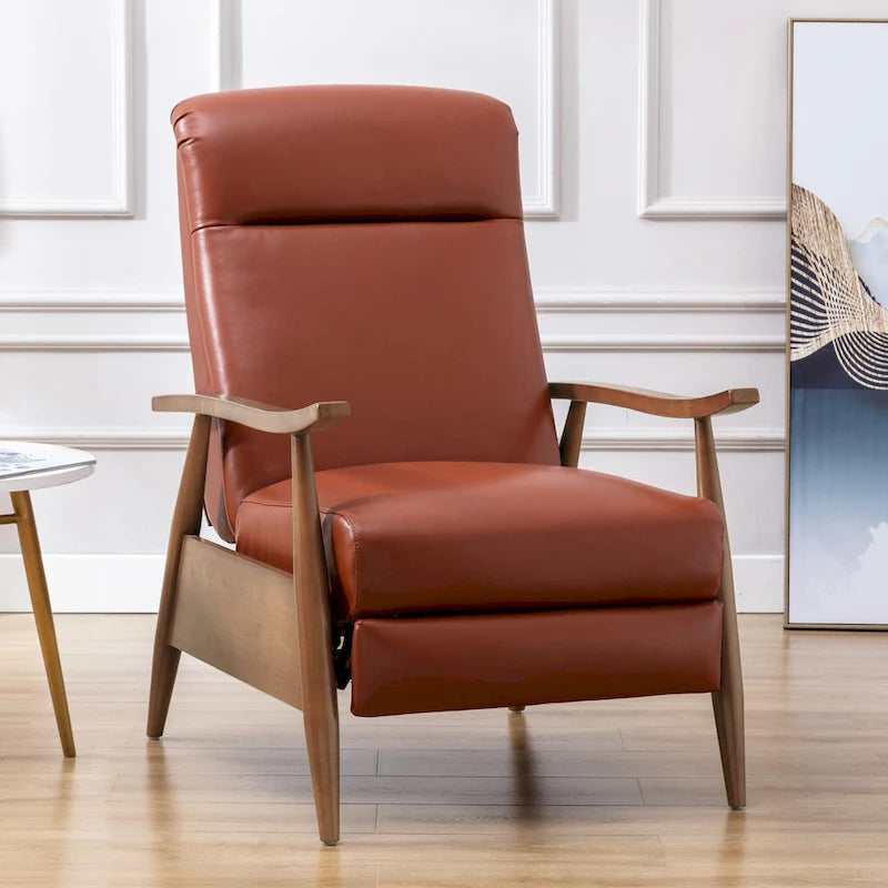 Fordham Top Grain Leather Wood Arm Push Back Recliner by