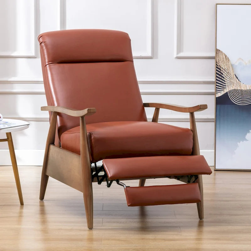 Fordham Top Grain Leather Wood Arm Push Back Recliner by 4