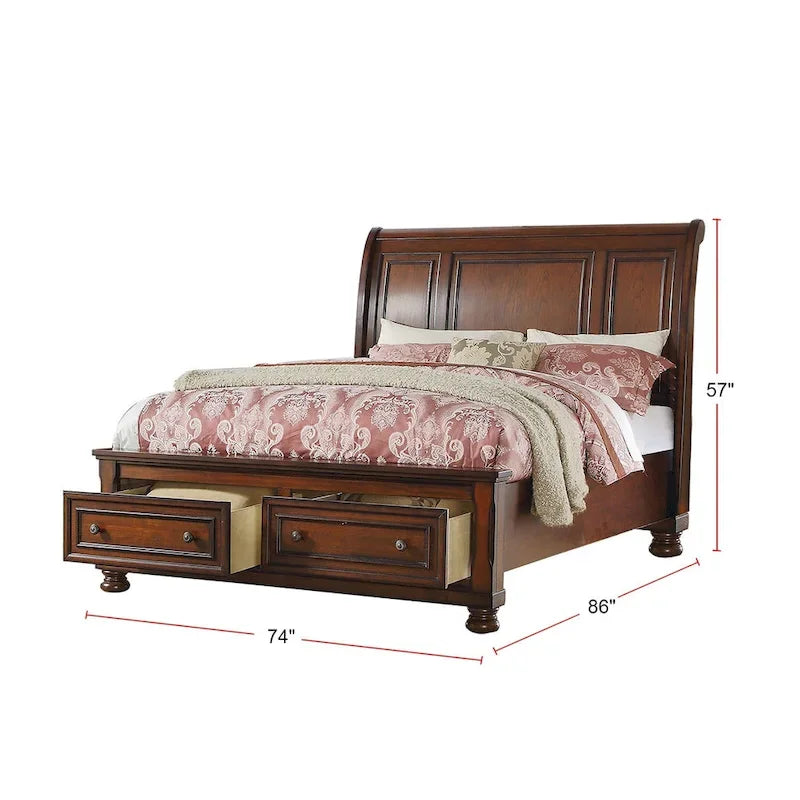 Sleigh Bed With 2 Drawers, Cherry Brown 4