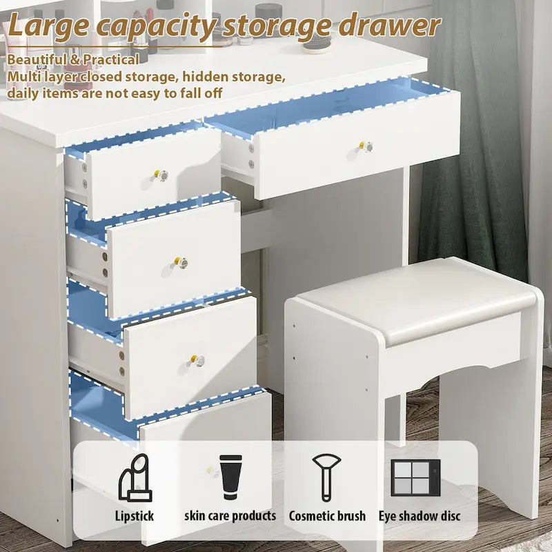 31.5 Wide Dresser Makeup Vanity With Stool and Touching Light Mirror - 31.5W 7
