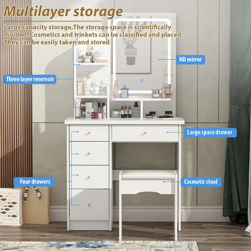 31.5 Wide Dresser Makeup Vanity With Stool and Touching Light Mirror - 31.5W 9