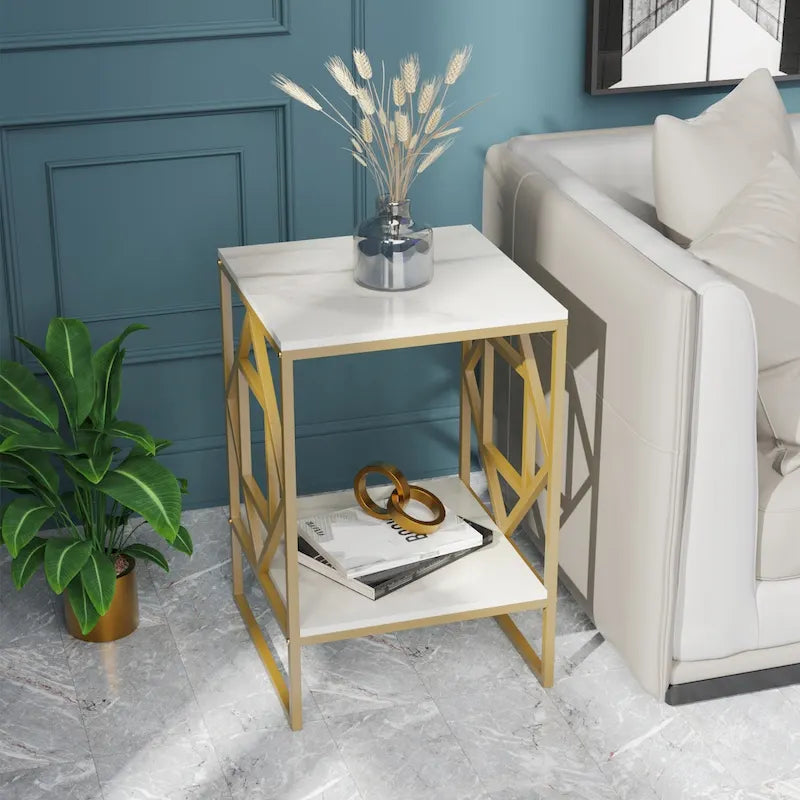 Sintered Stone End Coffee Table 2 Tier Side Table With Storage Shelf - 15.75x15.75x22.83 inch 10