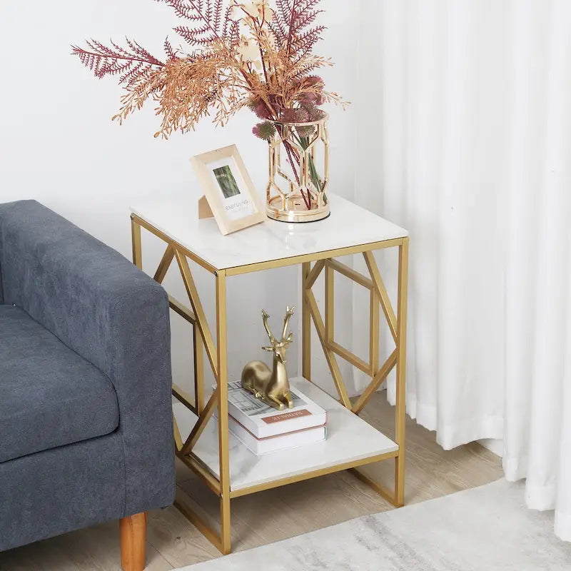 Sintered Stone End Coffee Table 2 Tier Side Table With Storage Shelf - 15.75x15.75x22.83 inch 5