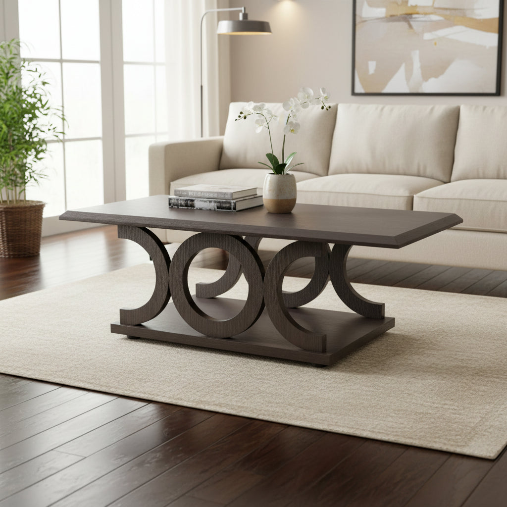 Contemporary Style C-Shaped Coffee Table With Open Shelf, Espresso Brown