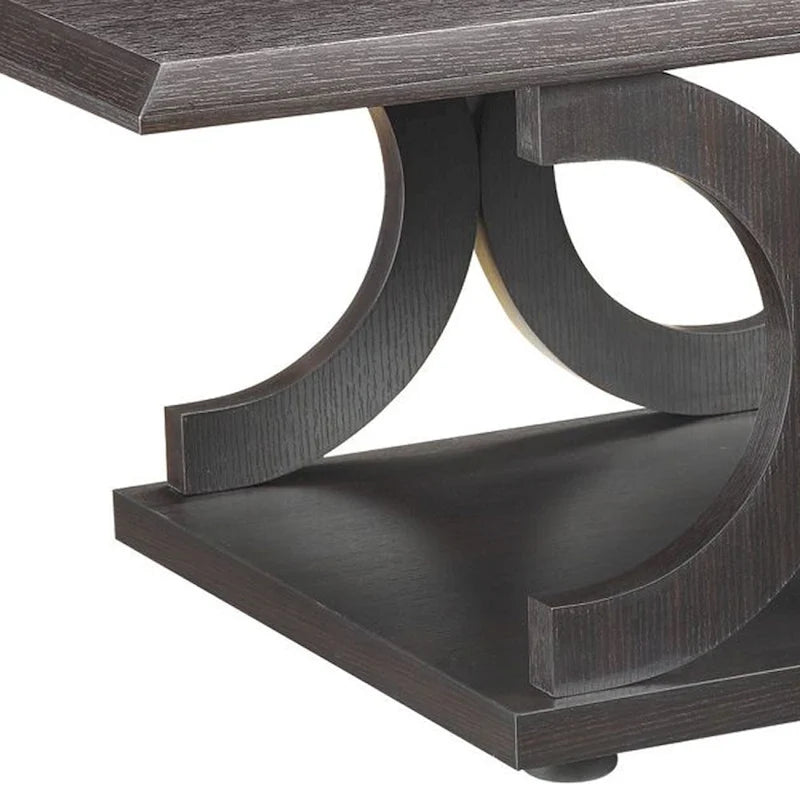Contemporary Style C-Shaped Coffee Table With Open Shelf, Espresso Brown 4