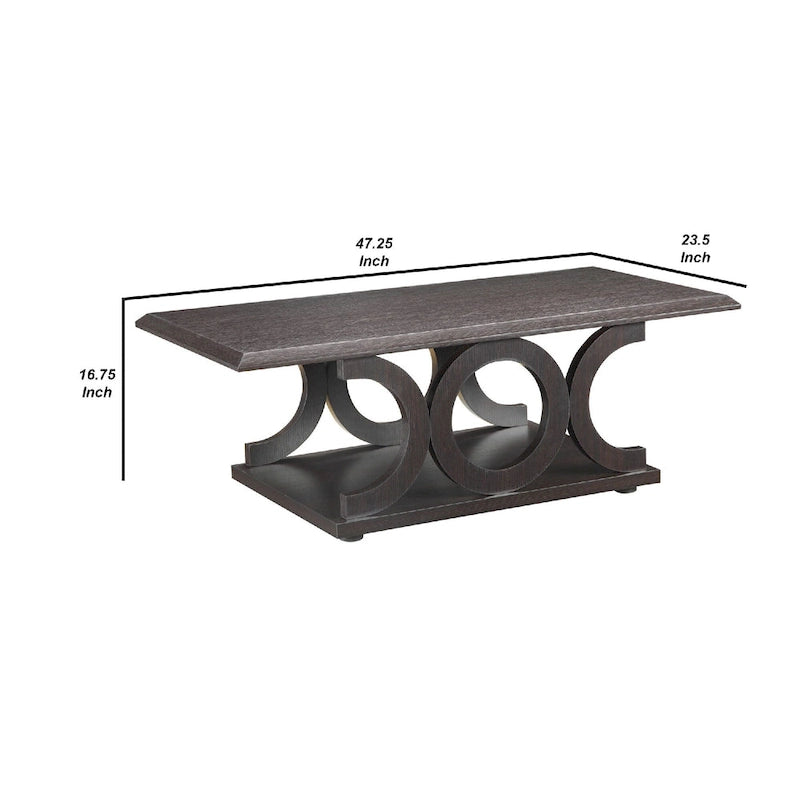 Contemporary Style C-Shaped Coffee Table With Open Shelf, Espresso Brown 5